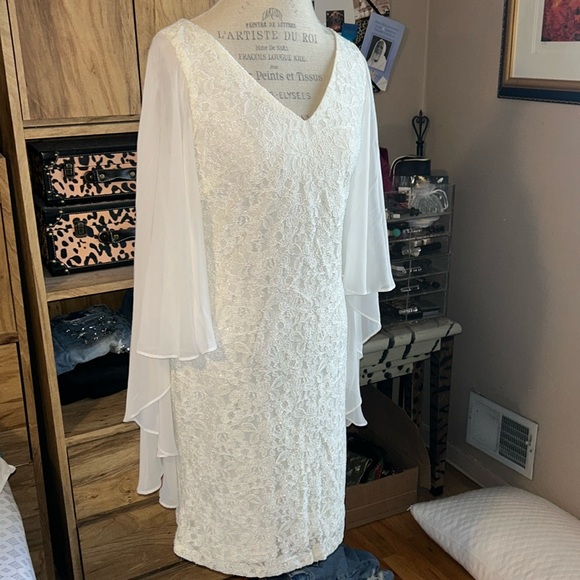 Scarlett Dresses & Skirts - Scarlet Lace Shimmer Dress with Sheer Cape - 8